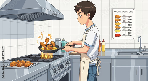 Anime-style illustration of a young man expertly frying chicken in a kitchen