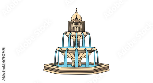 Illustration of a tiered fountain with water cascading down into a basin.