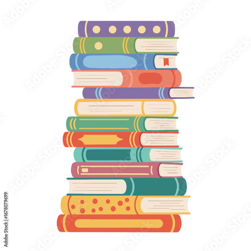 Cute and colorful 2D flat illustration depicts neatly arranged library stacks filled with books, isolated on a clean white background, creating an inviting and organized academic mood.