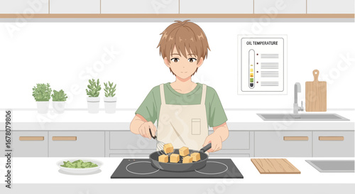 Digital illustration depicting a young boy cooking tofu in a kitchen setting