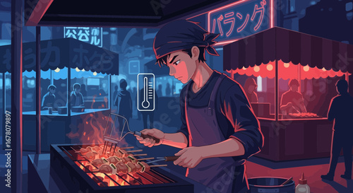 Anime style illustration of a yakitori vendor at a vibrant night market
