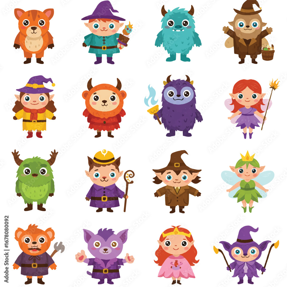Fototapeta premium Colorful flat 2D illustrations of cute cartoon book pages, featuring whimsical characters and vibrant scenes, isolated on a clean white background.