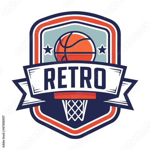 Retro Sports Logo with Basketball Hoop and Symmetrical Badge Frame