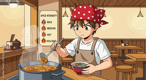 Manga style chef preparing spicy ramen with a determined expression in a restaurant kitchen
