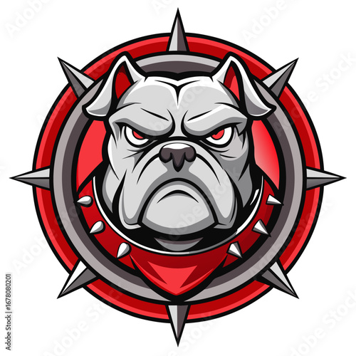 Grim Bulldog Mascot with Spiked Collar and Wrinkled Expression in Circular Badge
