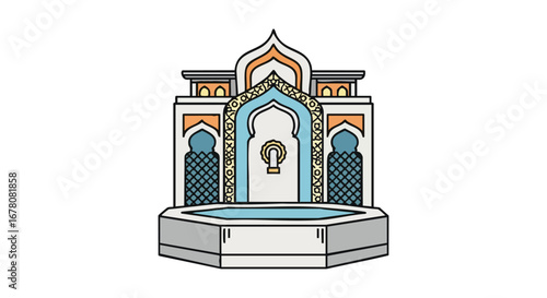 Illustration of an ornate Islamic fountain with architectural details and geometric patterns.