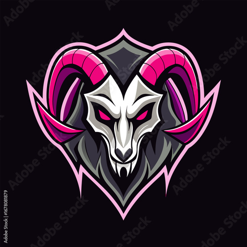 Stylized Ram Skull Illustration with Neon Highlights and Clean Vector Lines for Intimidating Team Logo
