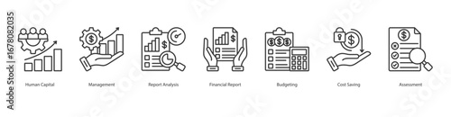 Human Management banner web icon set vector illustration concept with icon of human capital, management, report analysis, financial report, budgeting, cost saving, assessment