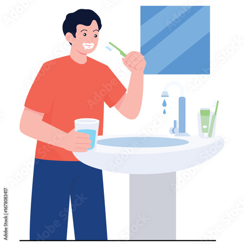 Save Water Illustration. Vector illustration of Man brushing teeth at sink with dripping tap, cup in hand, bathroom hygiene with conscious water use. Isolated on background