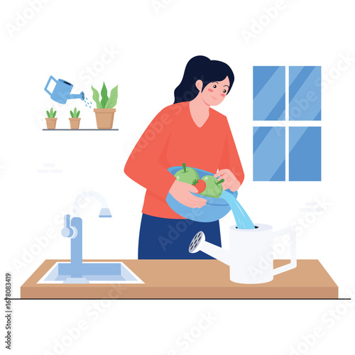 Save Water Illustration. Vector illustration of Woman pouring vegetable rinse water into a watering can, kitchen sink nearby, sustainable watering for houseplants. Isolated on background