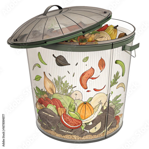 Eco-friendly compost bin overflowing with colorful food scraps promoting sustainable living and waste reduction for environmentally conscious homes