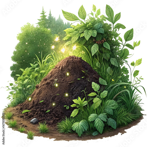 Enchanted garden mound with lush plants and magical fireflies, perfect for nature themes and fairytale concepts with vibrant earthy tones