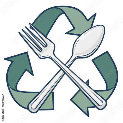 Eco-friendly dining concept with fork and spoon inside recycling symbol, a sustainable food service and zero waste initiative