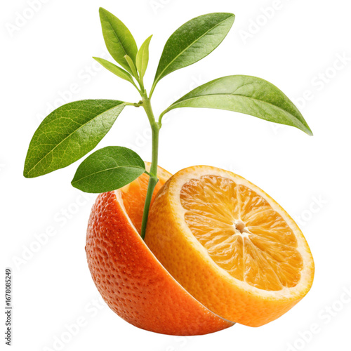 Vibrant orange slice with new growth sprouting, symbolizing health, vitality, and natural renewal for a refreshing, citrusy boost