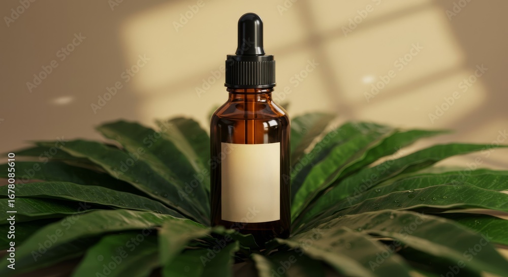 Fototapeta premium Amber Dropper Bottle on Tropical Leaves - Mockup