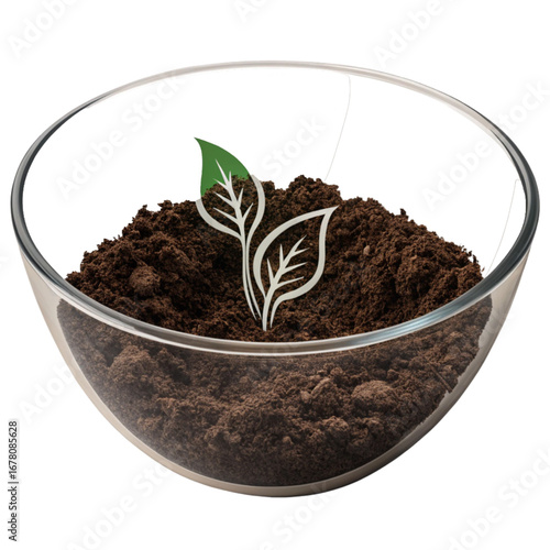 Fresh potting soil with a seedling symbol in a clear bowl symbolizes growth and sustainability for eco-friendly gardening concepts