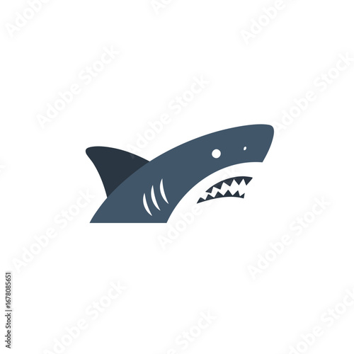 Illustration of a shark with sharp teeth and a fin, swimming in the ocean.