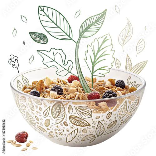 Delicious morning granola with fresh berries and plant illustration, perfect for healthy breakfast ads or wellness blog designs