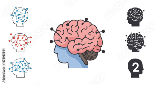 Illustrations of the human brain with neural network connections, representing intelligence and thought.