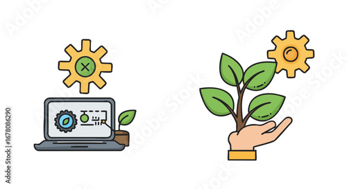 Technology and nature: laptop with gear and plant, hand holding plant with gear.