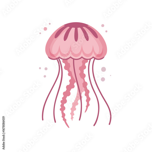 Illustration of a pink jellyfish with long tentacles on a white background.