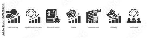 Performance Metrics banner web icon set vector illustration concept with icon of benchmarking, key performance indicator, transaction history, inflation, communication, marketing, performance