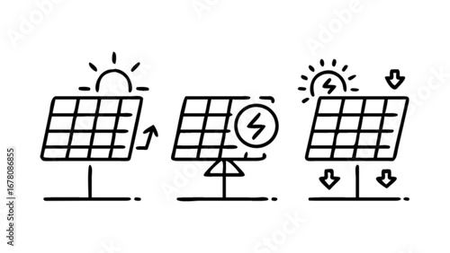 Solar panel energy renewable power electricity generation sustainable system illustration icons set design