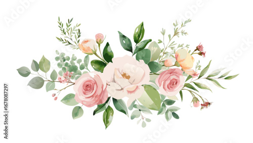 Watercolor floral arrangement with roses and leaves for wedding invitation and decoration design