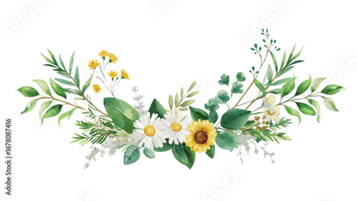 Watercolor floral arrangement with sunflowers daisies and greenery for wedding invitations