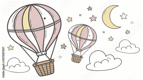 Hot air balloon adventure illustration with moon and stars for baby nursery decor and children's room art print