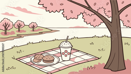 Spring picnic scene with cherry blossom trees, cookies and drink illustration vector design art