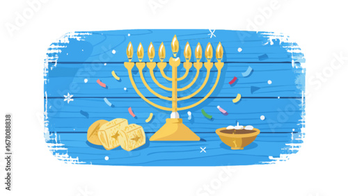 Happy hanukkah menorah with dreidels and gelt on blue wood background vector illustration for celebration