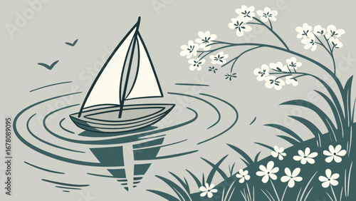 Sailboat illustration on lake with flowers and birds vector graphic design template asset stock image