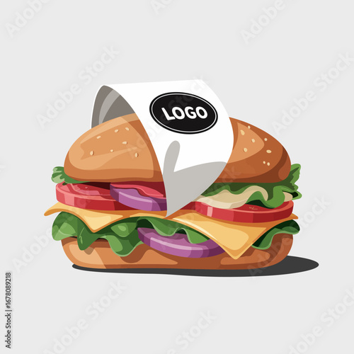 A delicious-looking sandwich with cheese, tomato, lettuce, and onion in a sesame seed bun, with a logo on a paper wrapper.