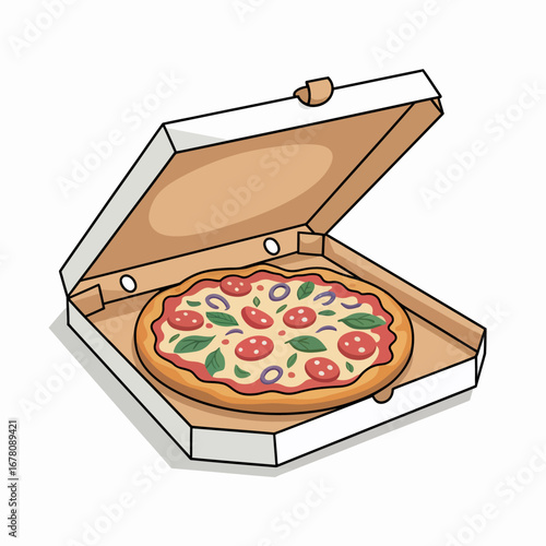 Open pizza box with a delicious pizza inside.