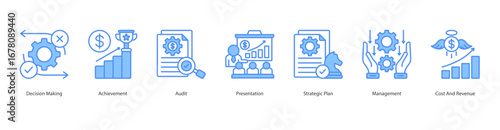 Strategic Management banner web icon set vector illustration concept with icon of decision making, achievement, audit, presentation, strategic plan, management, cost and revenue
