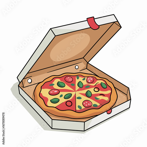 Cartoon illustration of a whole pizza with pepperoni and basil in an open white delivery box.