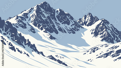 Snowy mountain range landscape illustration for winter sports and outdoor adventure travel destination design