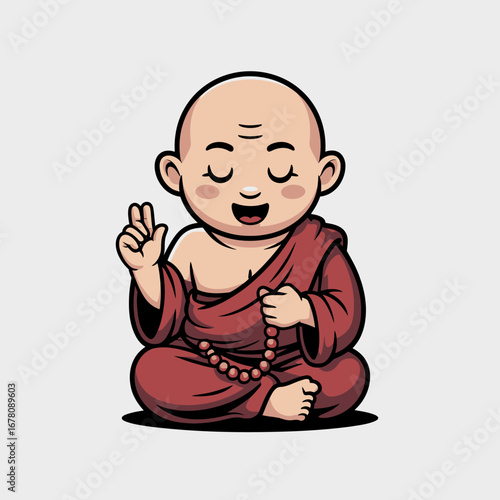 A cute cartoon monk meditating peacefully while holding prayer beads and raising his hand in a gesture of peace.