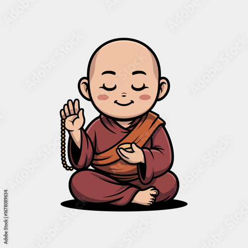 Cartoon Buddhist Monk Meditating with Prayer Beads in a Peaceful Pose.