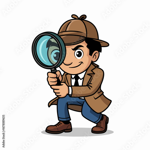 Cartoon detective character looking through a magnifying glass.