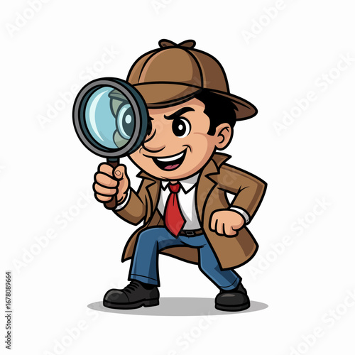 A cartoon boy detective in a trench coat and hat smiles while looking through a large magnifying glass.