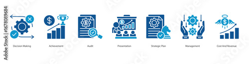 Strategic Management banner web icon set vector illustration concept with icon of decision making, achievement, audit, presentation, strategic plan, management, cost and revenue