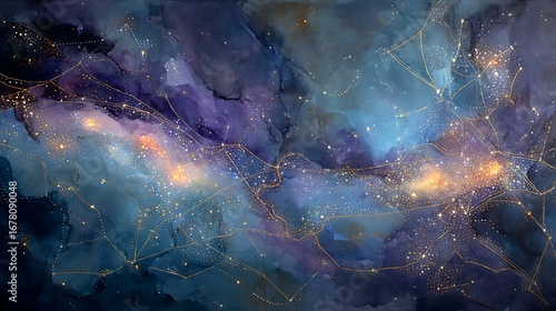 immense cosmic being painting the constellations across the universe, glowing stellar networks and planetary paths surrounding them, ethereal body shimmering with cosmic dust 