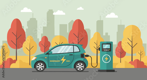 A teal electric car charges at a station amidst a vibrant, autumnal cityscape with a modern skyline