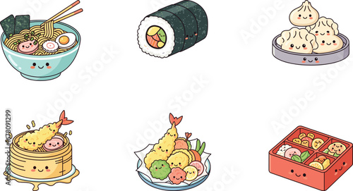 Cute Japanese food vector illustration with kawaii ramen, sushi, dumplings, tempura, and bento box, perfect for menus, packaging, and children’s designs.