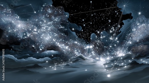 divine cartographer of the universe, vast silhouette shaping constellations and planetary systems in midair, glowing lines and stars connecting across the scene, cosmic conceptual art 