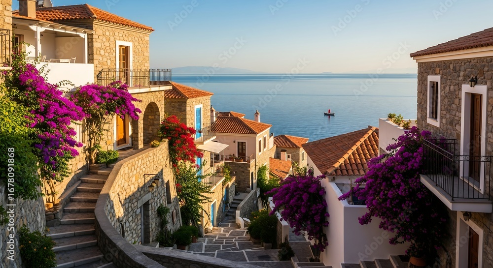 Fototapeta premium A charming coastal village with traditional stone houses, vibrant bougainvillea, and winding steps leading down to the serene blue sea under a clear sky.