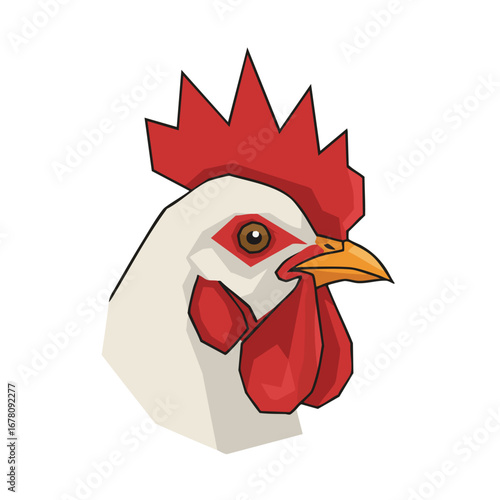 Illustration of a rooster head with red comb and wattles on a white background.