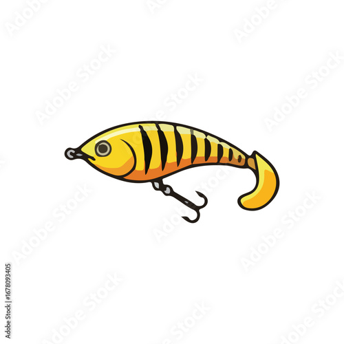 Yellow and black striped fishing lure with treble hooks, cartoon style illustration.
